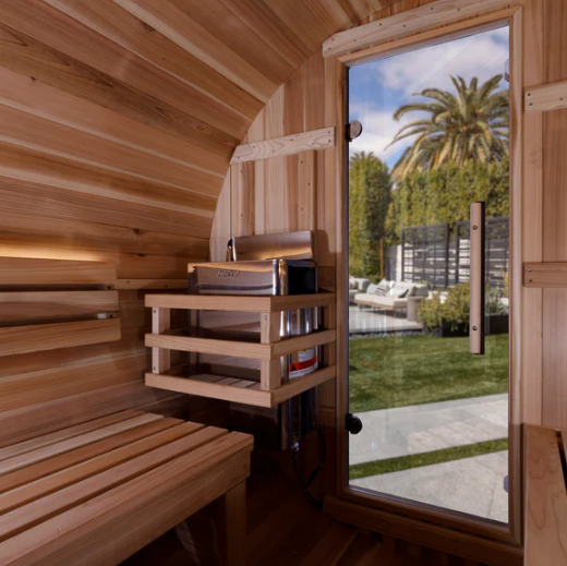 Golden Designs | "Zurich" 4 Person Barrel with Bronze Privacy View - Traditional Steam Sauna -  Pacific Cedar